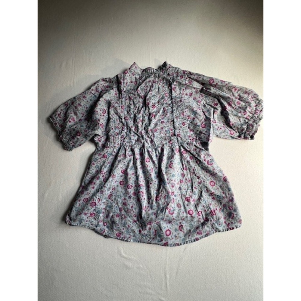 Gap Floral Pintuck Blouse Womens M Blue Pink Cotton Good Boho Puff Sleeve Top